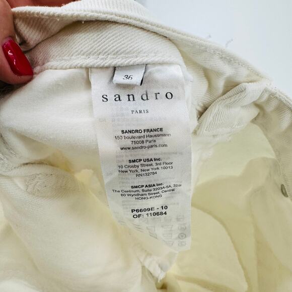 Sandro Paris Wide Leg Jeans Raw Hem Cream Denim High Rise Cotton Pants Size 36 - Picture 6 of 8